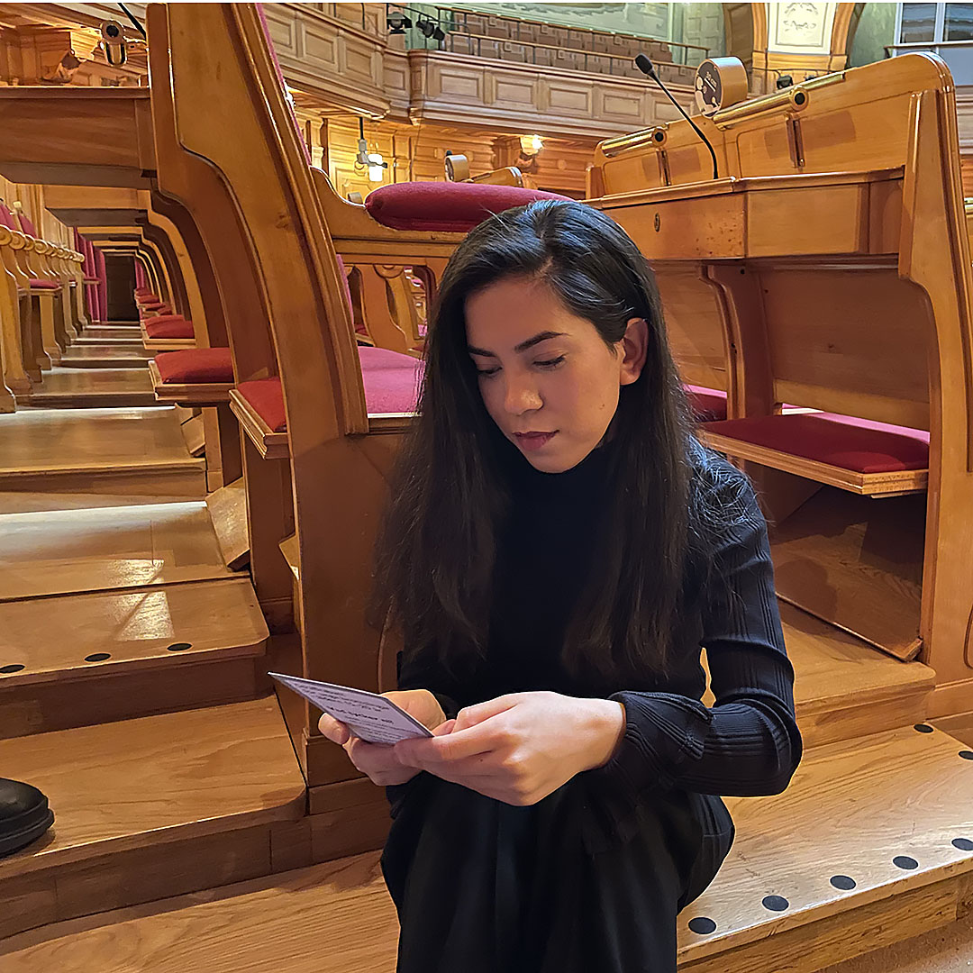 Mojgan förbereder ärende till justitieutskottet. Runö folkhögskol.a